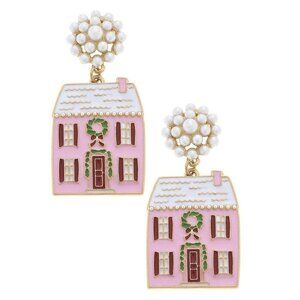 Pink Christmas House Enamel Earrings